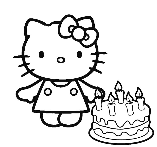 Hình tô màu mèo Kitty và bánh sinh nhật