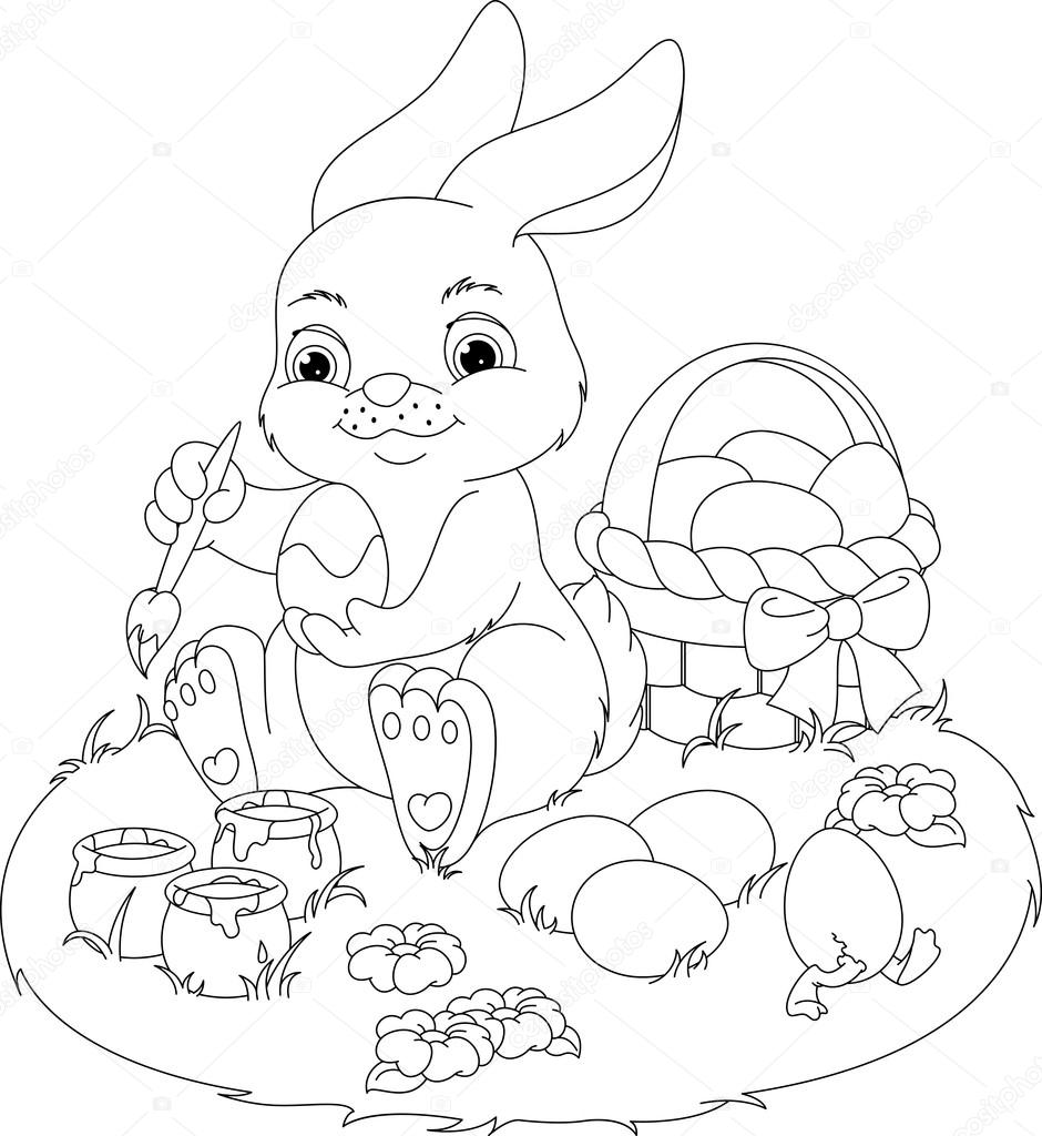 Tranh tô màu con thỏ ngồi vẽ trứng phục sinh