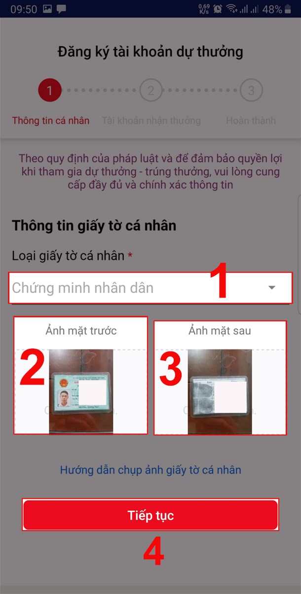 Chọn loại giấy tờ (CMND/CCCD và chụp ảnh 2 mặt) và chọn Tiếp tục.